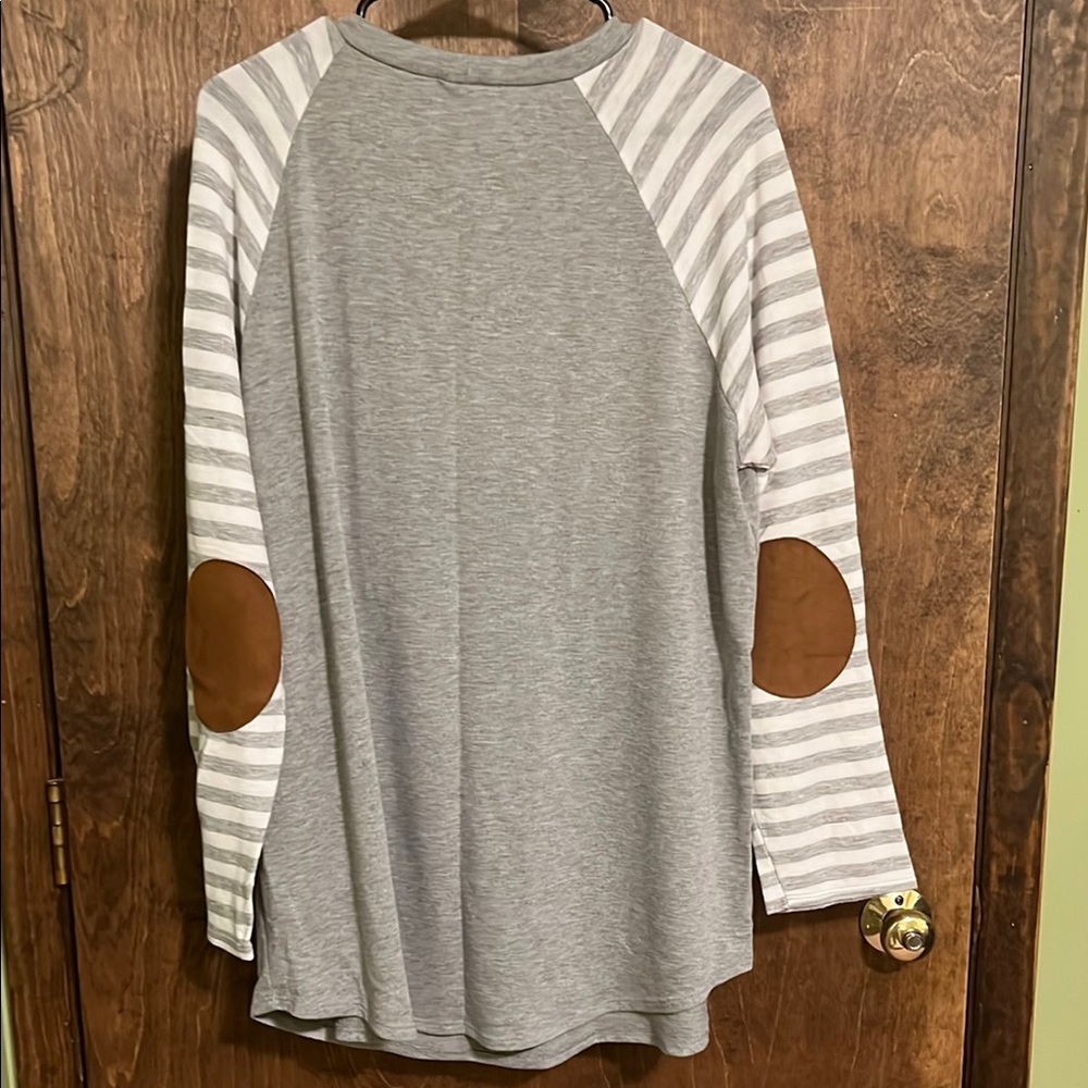 Chic Soul Gray and White Striped Women's Top with Elbow Patches - Picture 4 of 4